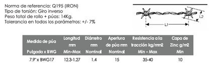 Alambre de púas electrogalvanizado extra forte - 14KG.