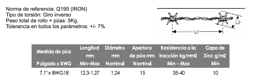 Alambre de púas electrogalvanizado liviano - 5KG