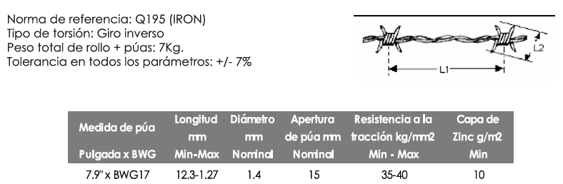 Alambre de púas electrogalvanizado liviano - 7KG