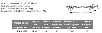 Alambre de púas electrogalvanizado liviano - 7KG