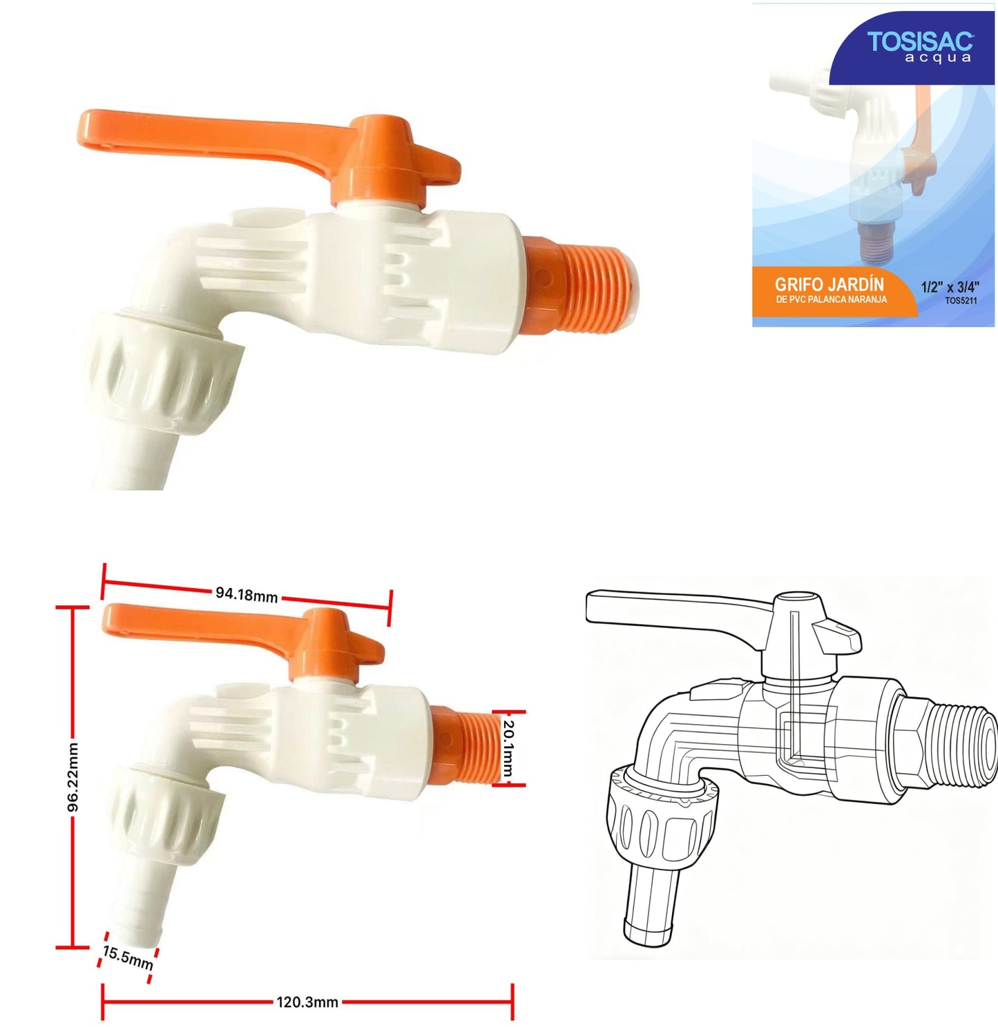 Grifo jardin palanca naranja PVC 1/2